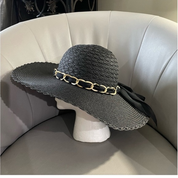 Marcus Adler New York black floppy hat with gold chain and sheer scarf accent - Picture 3 of 7